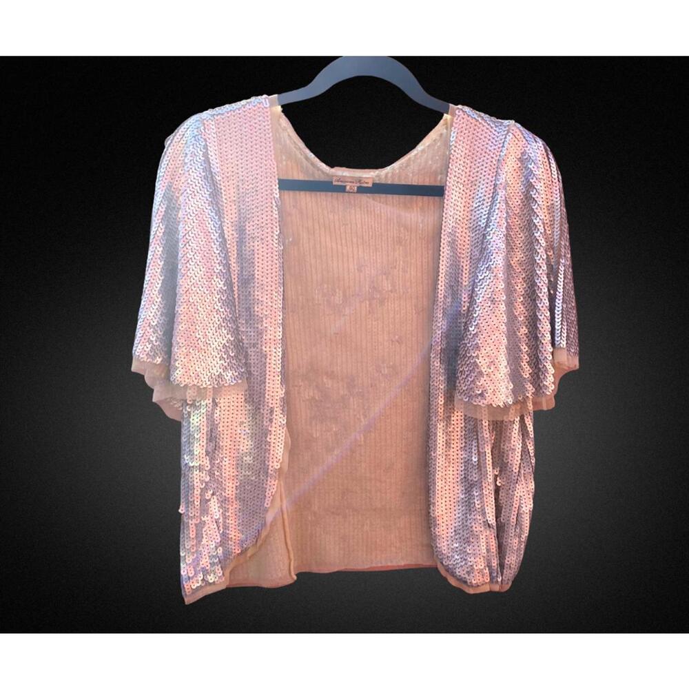 Women's Silver Sequin Open Front Jacket Capelet w Butterfly sleeves and net trim